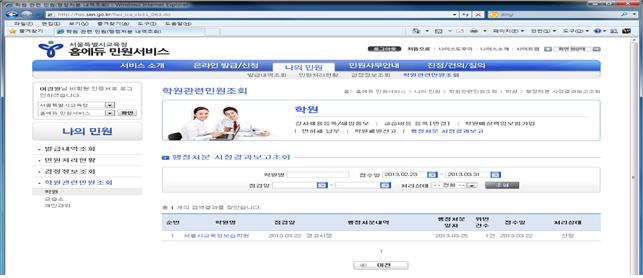 행정처분시정결과보고 처리 내역 조회 화면